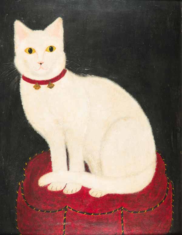 Painting of a white cat wearing a red collar. The cat is sitting on a red cushion